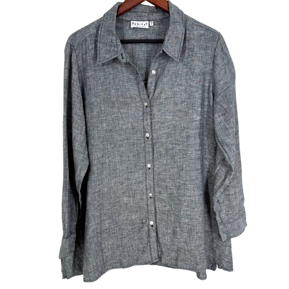Habitat Sz Medium 100% LINEN Gray Long Sleeve Wearable Art Blouse Shirt Top